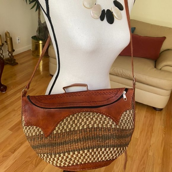 Vintage Handbags - African Handwoven Sisal Bag with Leather Straps